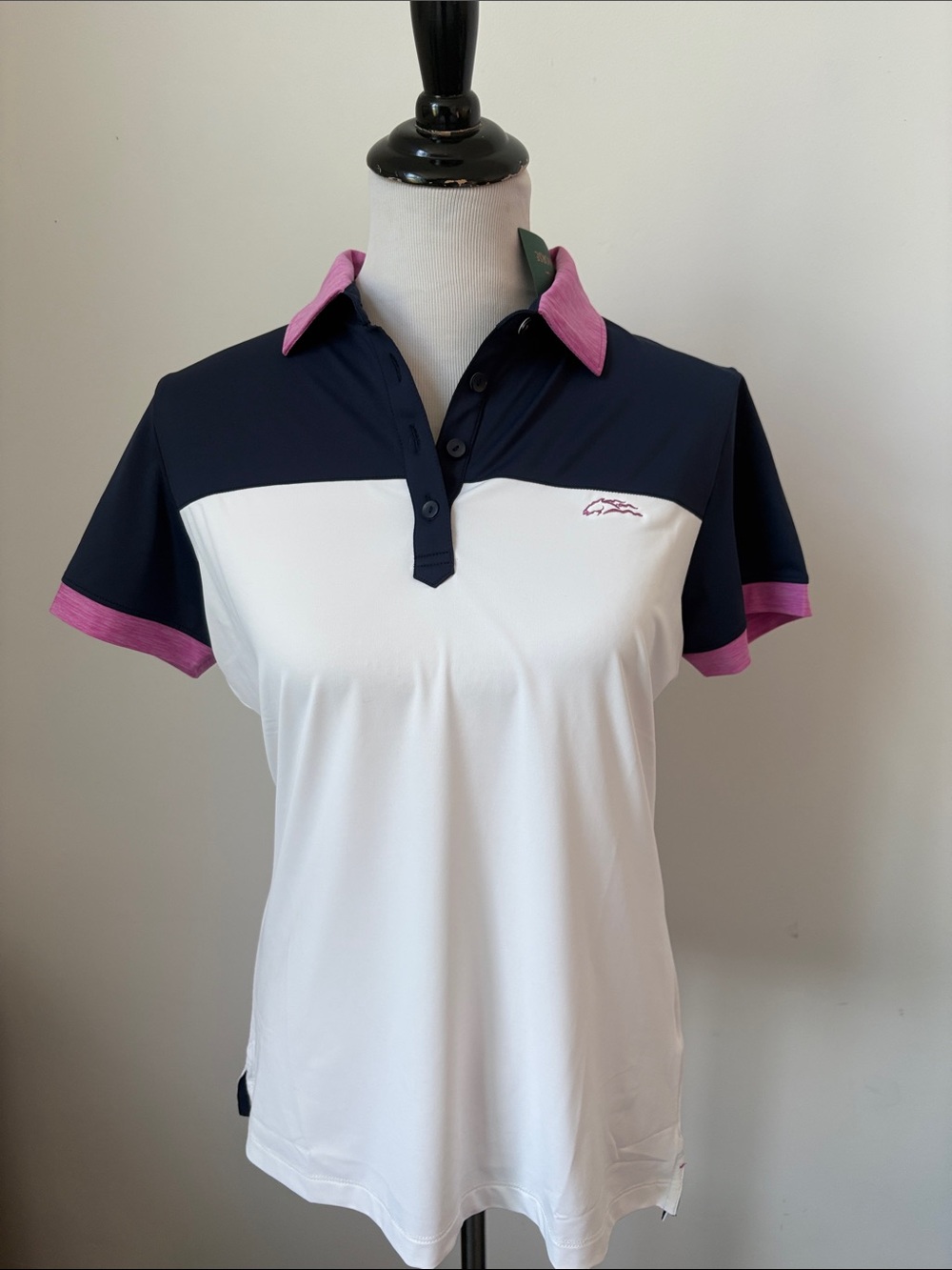 Women's Peter Millar golf shirt-White Contrast Polo Top with Navy and Pink Trim